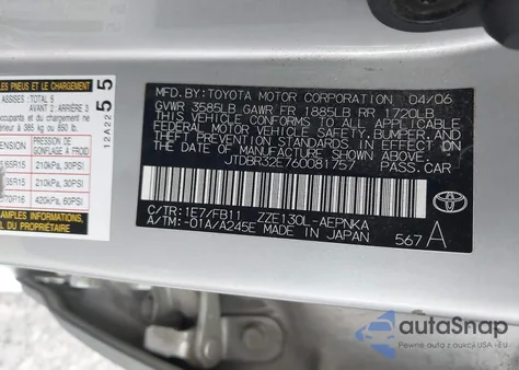 2006 Toyota Corolla Le из США, поврежденный, VIN JTDBR32E760081757